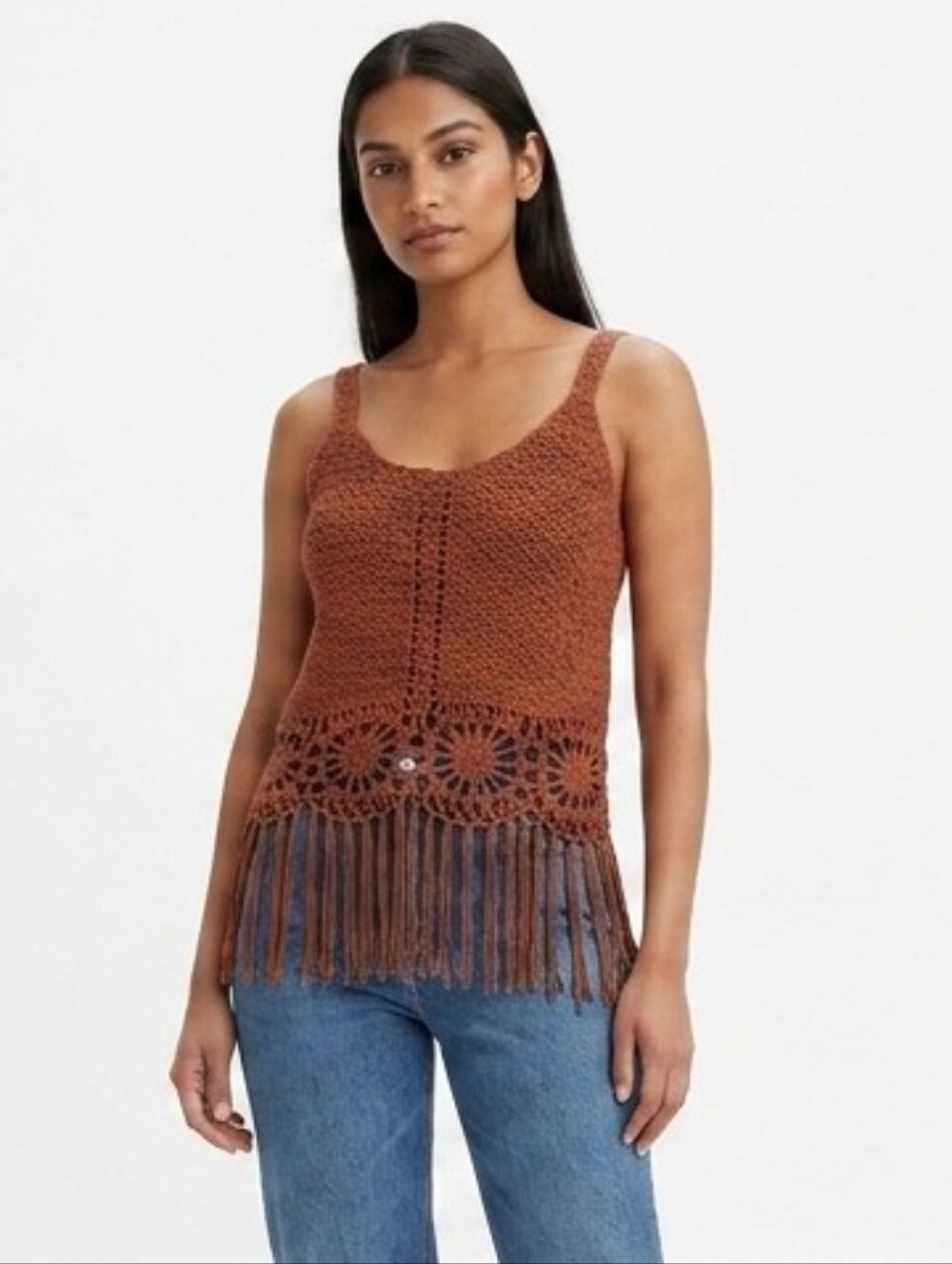 Daytrip Rust Brown Crochet Fringe Tank Top